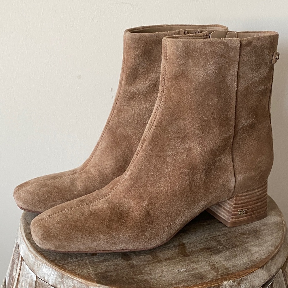 Sam Edelman Paige Tan Suede Ankle Zipper Booties - Classic Block Heel